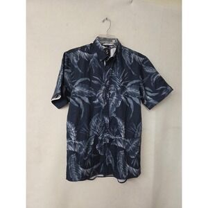 Fried Denim Button Down Shirt Mens Large Navy Blue Tropical Leaf Slim Fit Beach